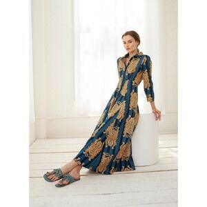 Printed Tiger-Stripe Maxi Shirt Dress - Teal & Gold